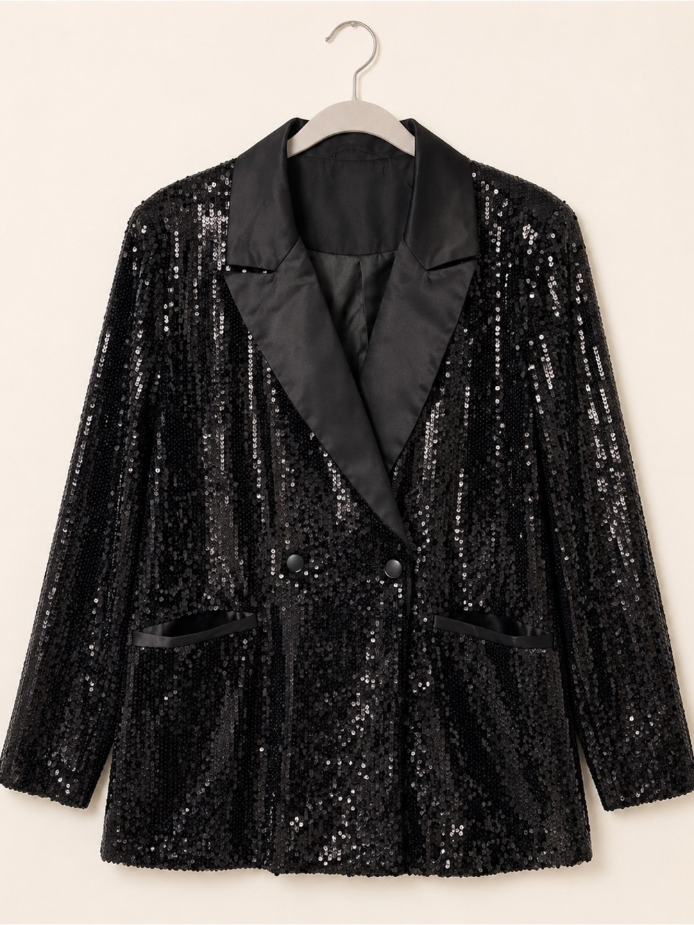 Forever 21 Black Sequin Satin-Lapel Double-Breasted Blazer